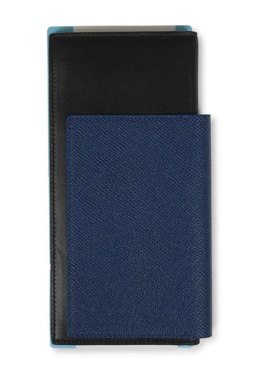 Navy blue textured leather Balenciaga men’s passport wallet with black accents for travel and identification storage