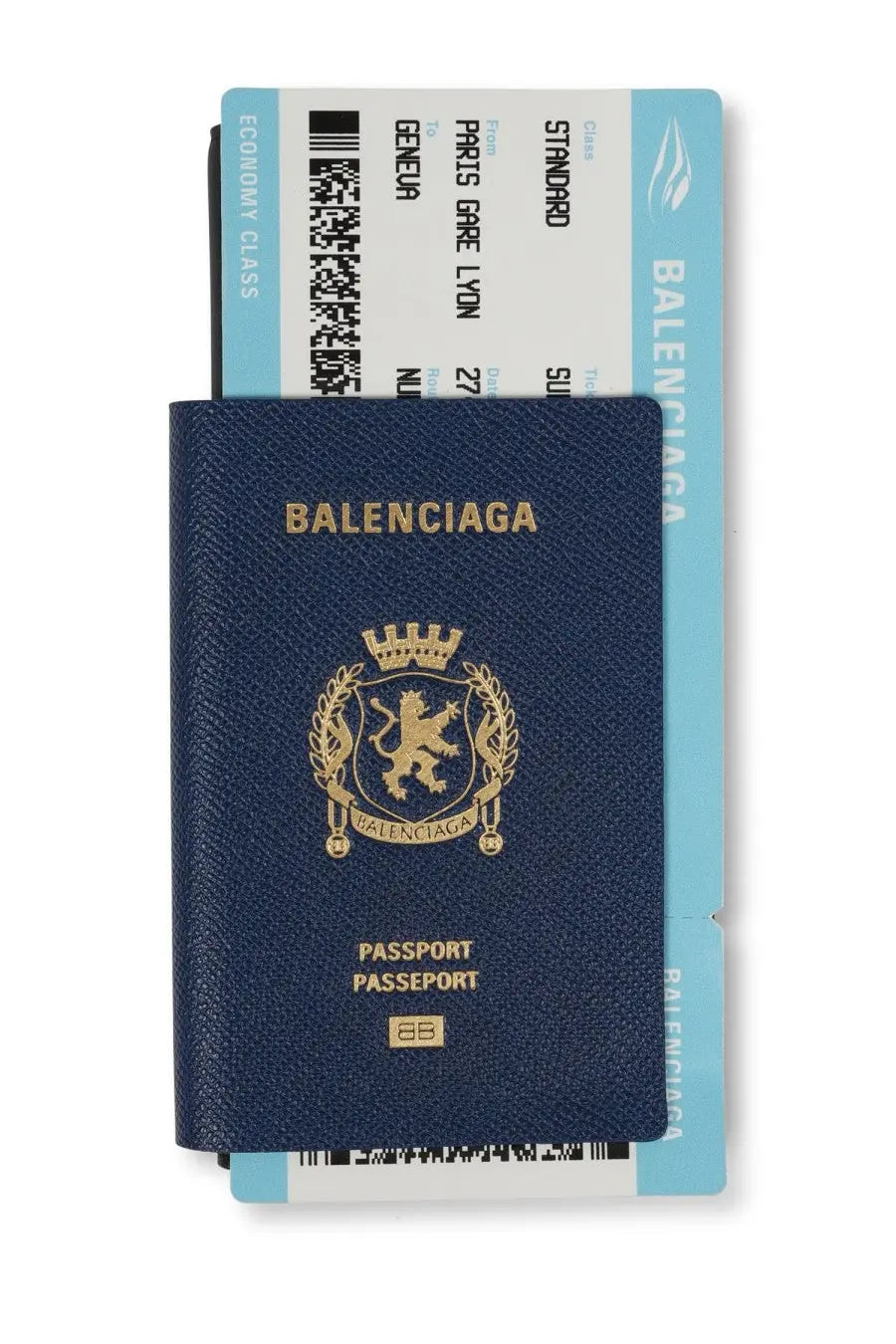 Balenciaga men’s passport wallet in navy blue textured leather with gold embossed logo and text front view