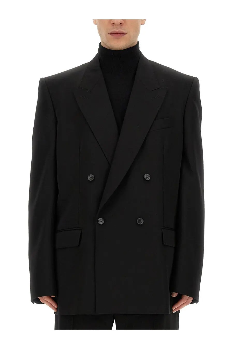 Balenciaga men’s regular fit black suit jacket with structured shoulders and silver toned double-breasted buttons