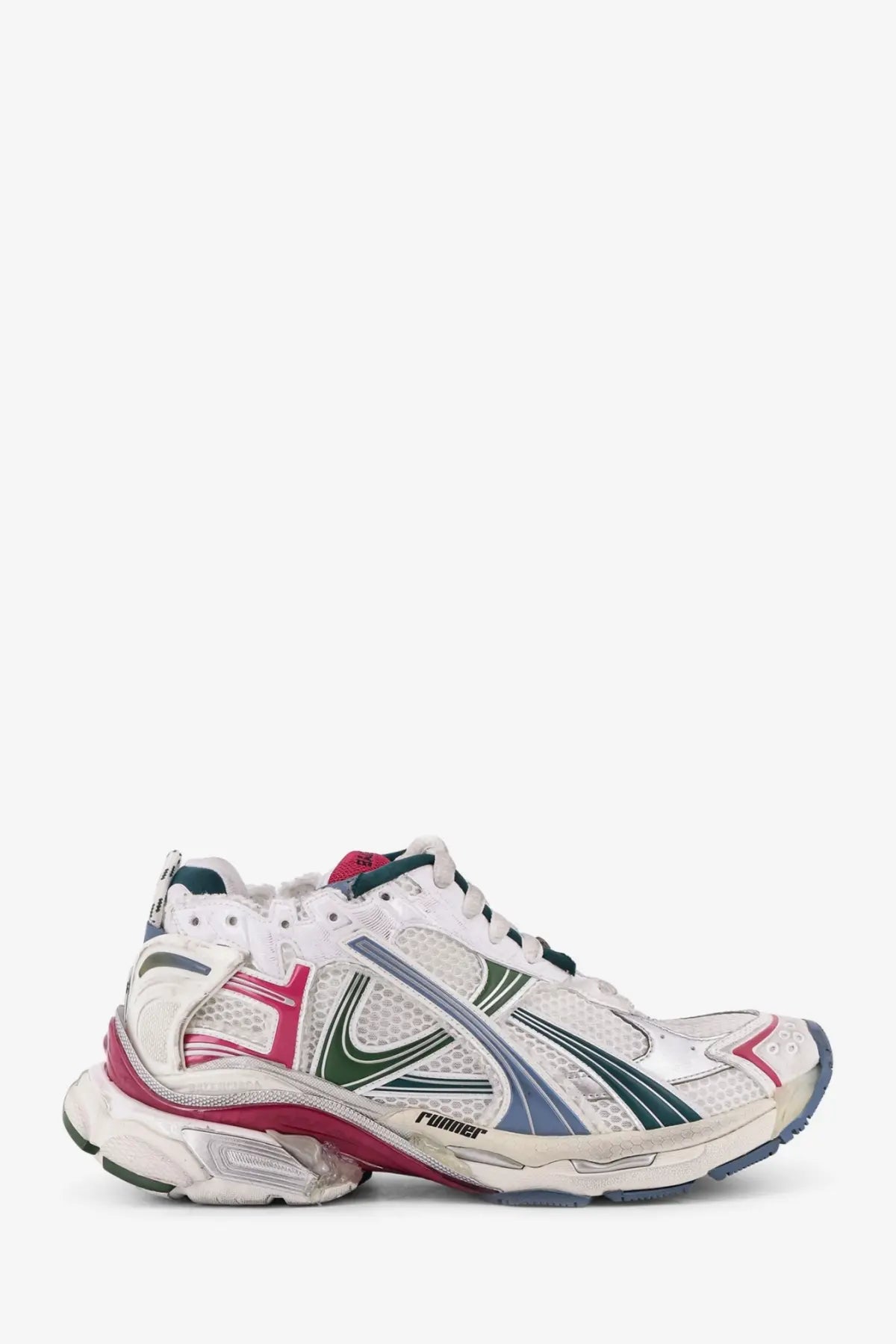 Balenciaga men’s runner low top mesh sneaker in white pink and green with a chunky sole for casual wear