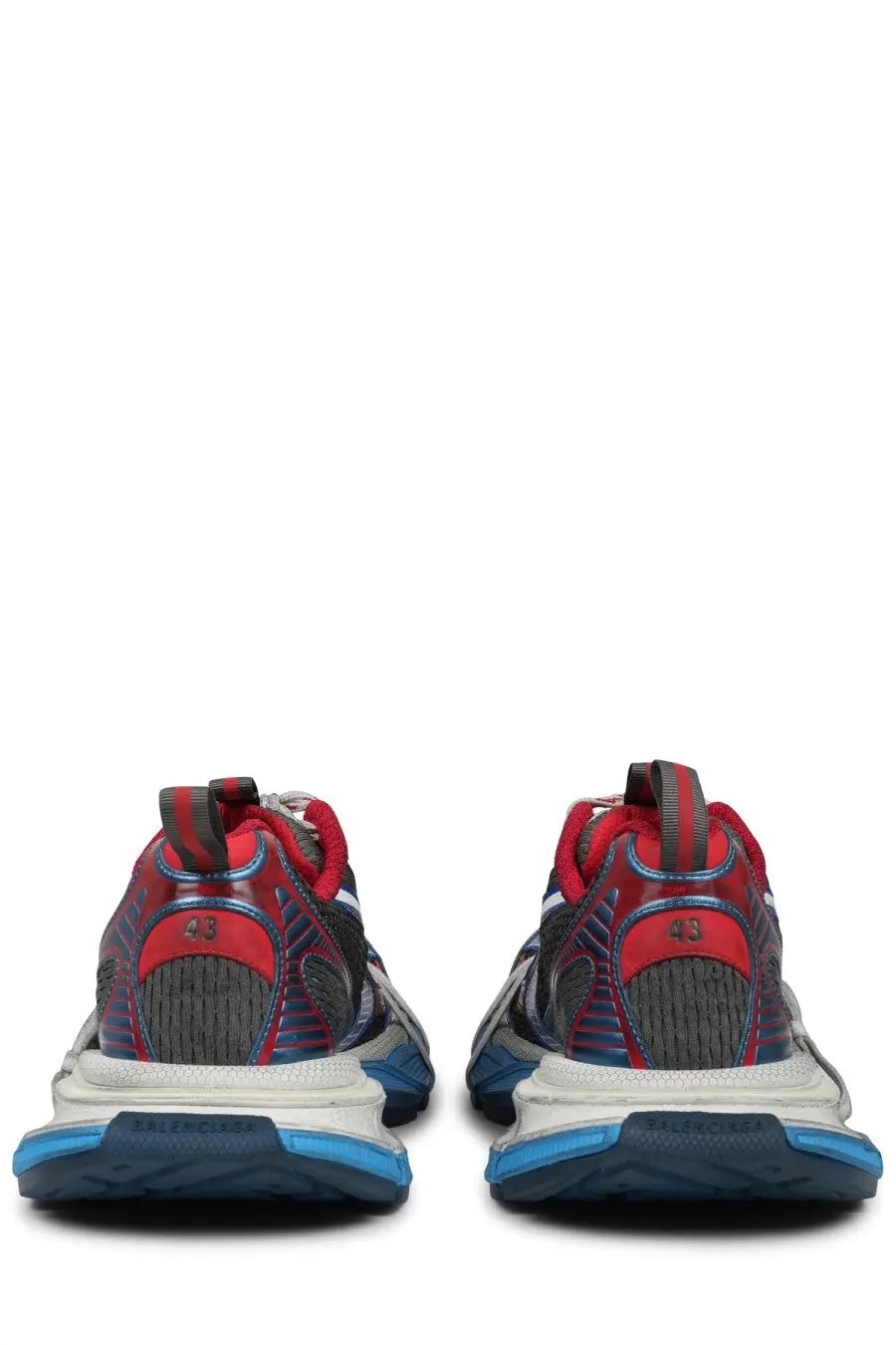 Balenciaga men’s sneaker 3xl multicolor with red and blue accents, chunky white midsole, and textured gray mesh upper
