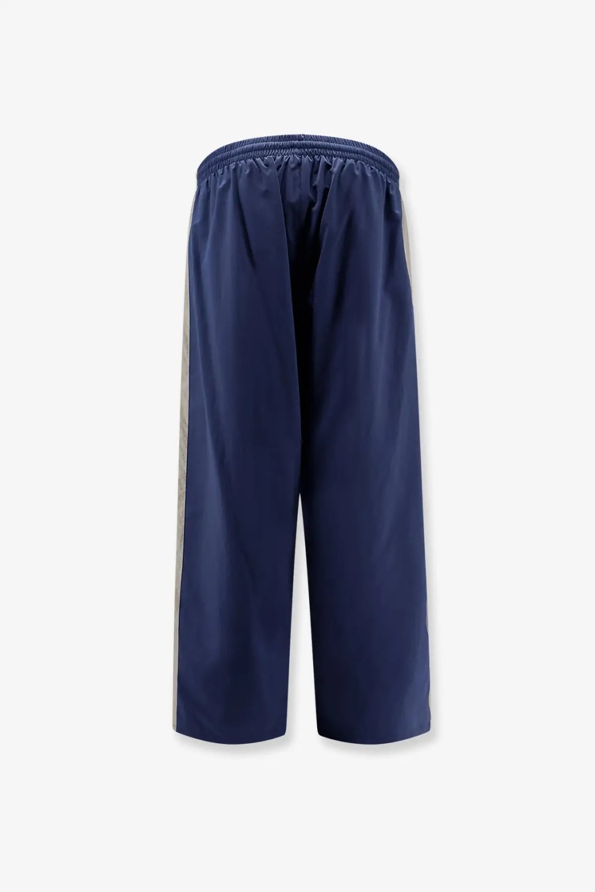 Balenciaga men’s sporty nylon trousers in navy blue with light gray vertical stripes for athletic use