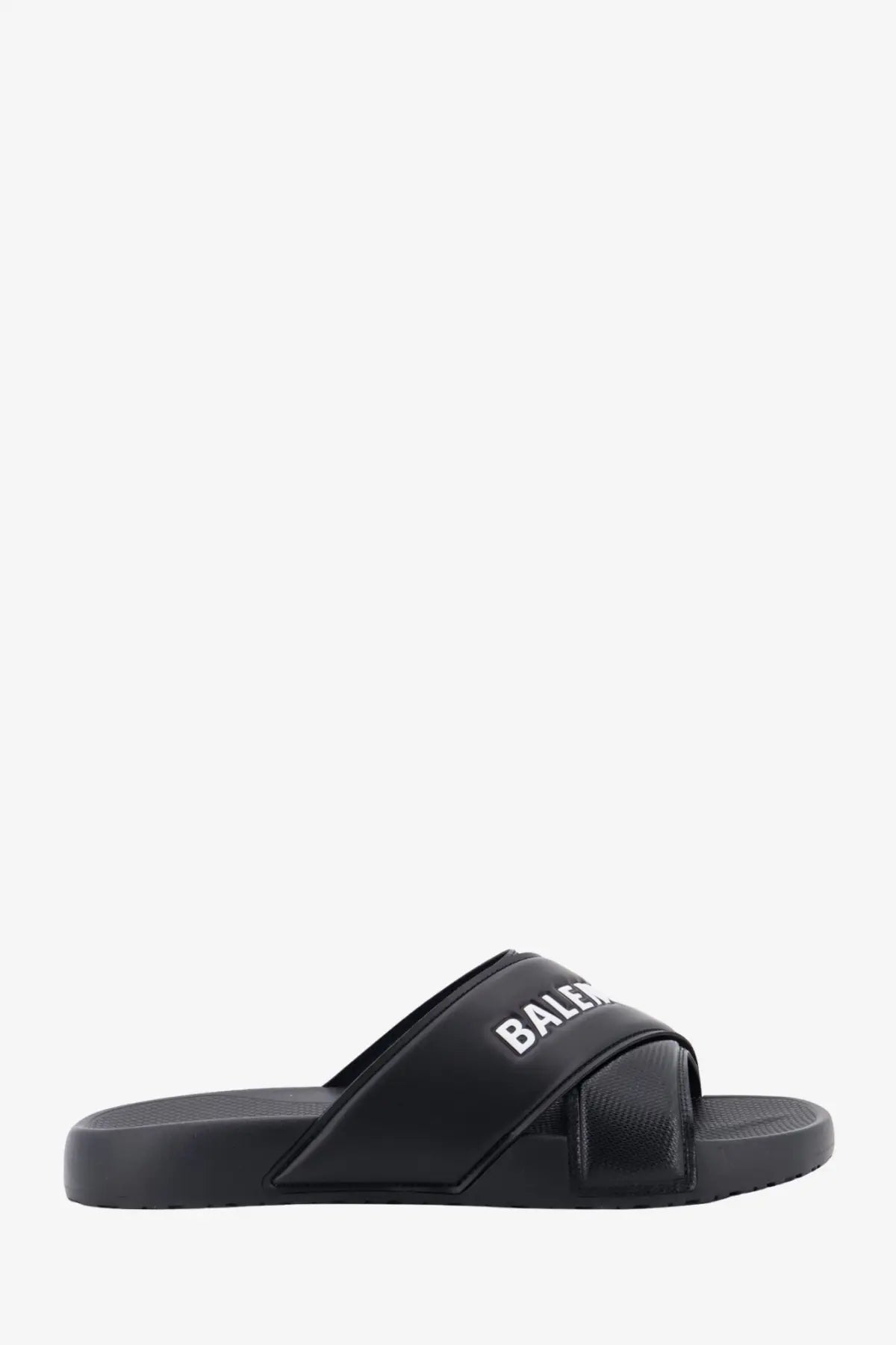 Balenciaga men’s sporty pool eva slide sandals in black with bold white logo on the strap