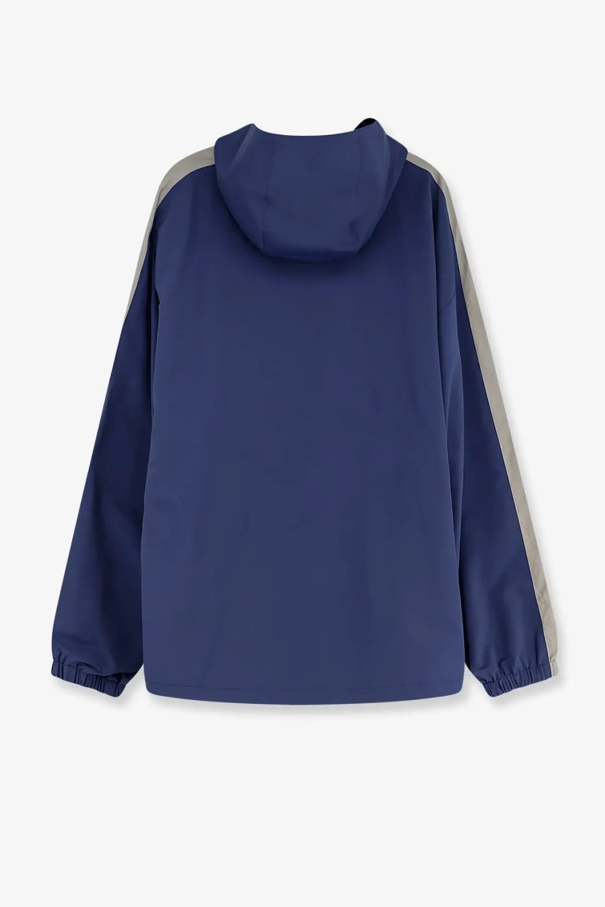 Balenciaga men’s sporty rain jacket in navy blue with gray side panels and elastic cuffs for outdoor use