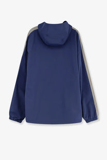 Balenciaga men’s sporty rain jacket in navy blue with gray side panels and elastic cuffs for outdoor use