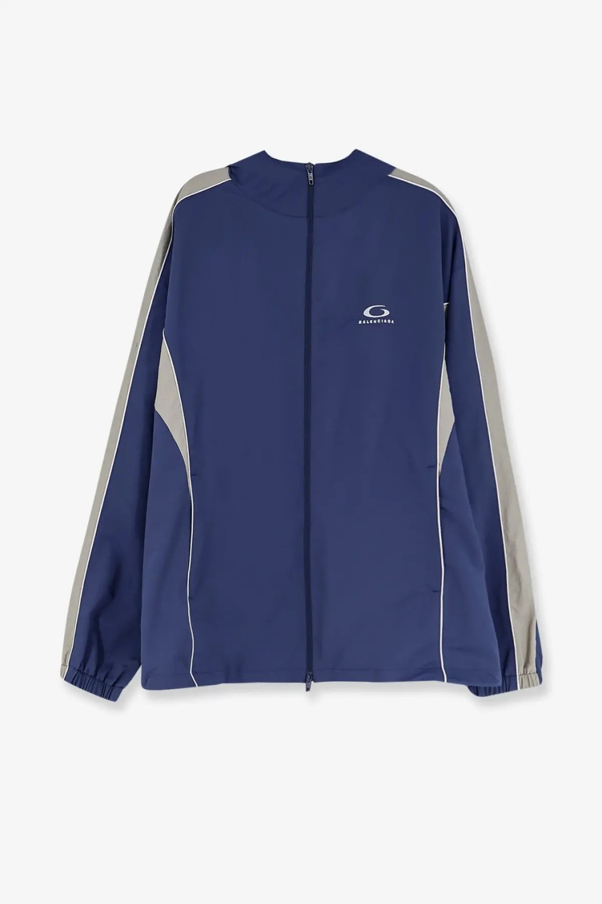 Balenciaga men’s sporty rain jacket navy blue with gray and white accents designed for outdoor activities