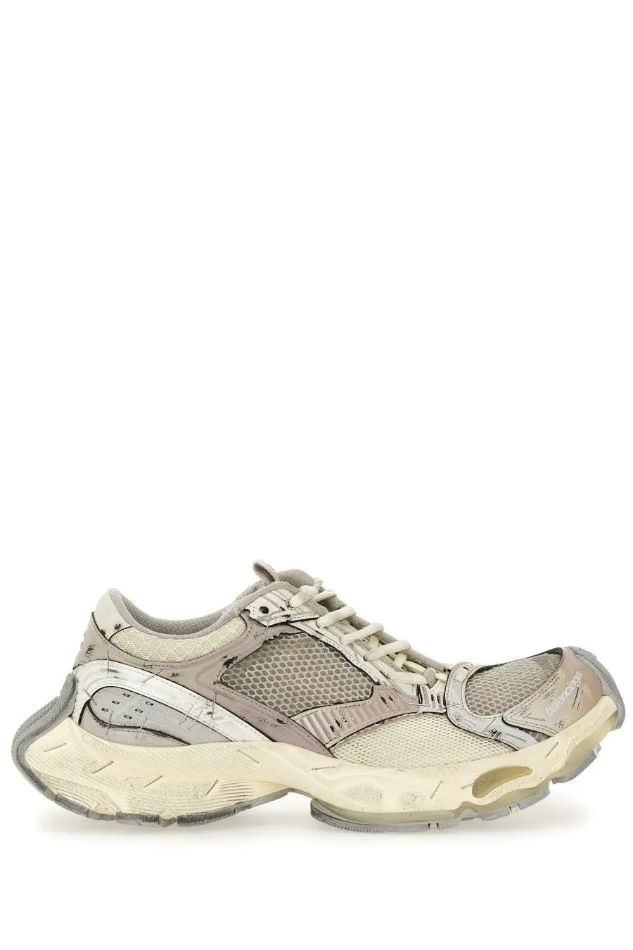 Balenciaga men’s stapler sneaker beige chunky with distressed layered design mesh panels and rubber accents