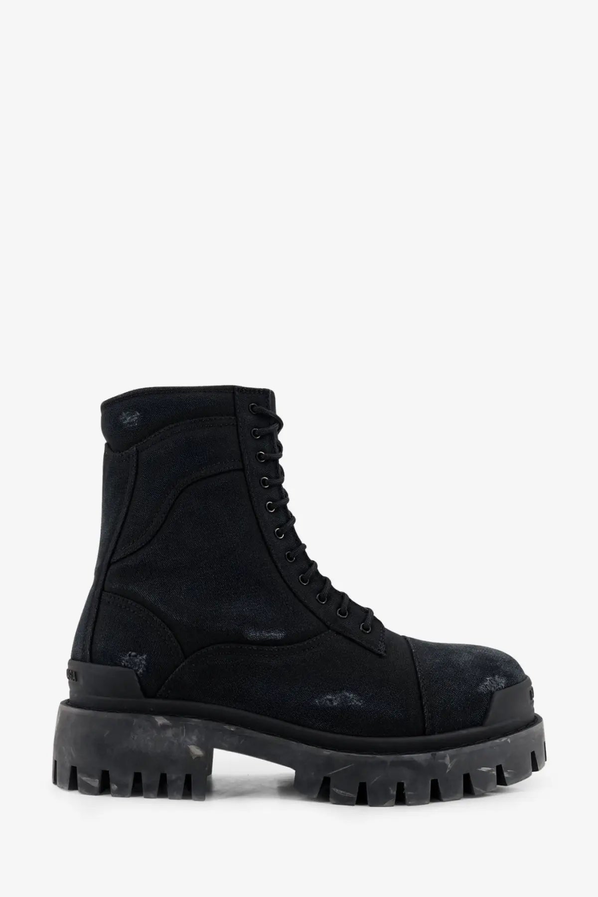Balenciaga men’s strike black distressed leather combat boot with chunky rubber sole and laces