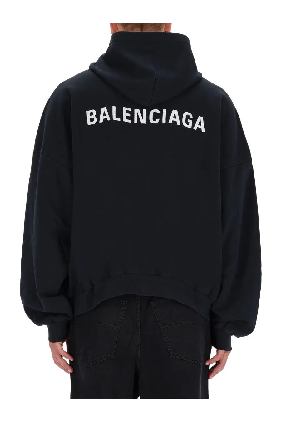 Balenciaga men’s black hoodie made of cotton with bold white lettering on the back for casual wear