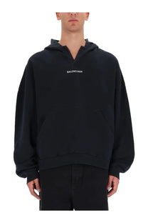 Balenciaga men’s sweatshirt black hoodie with minimalist white logo and relaxed oversized fit made from soft fabric