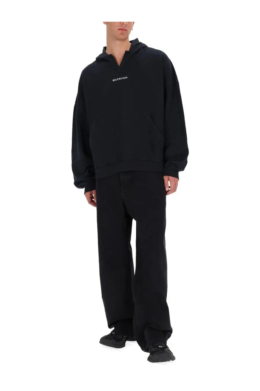Balenciaga men’s black hoodie with minimalist white logo on chest made from soft comfortable material