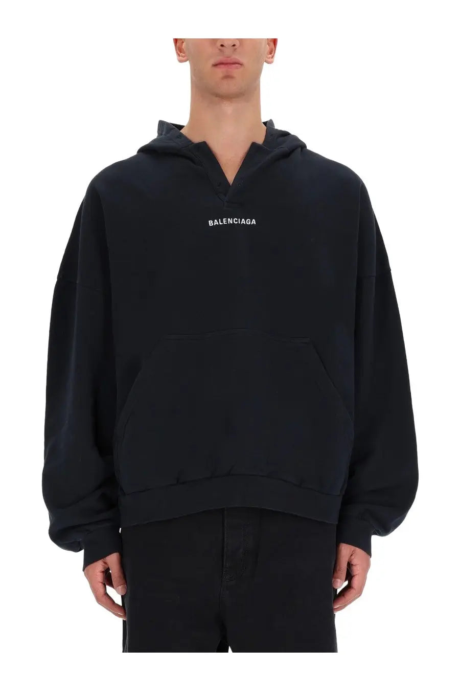 Balenciaga men’s black hoodie with minimalist white logo and relaxed oversized fit perfect for casual wear