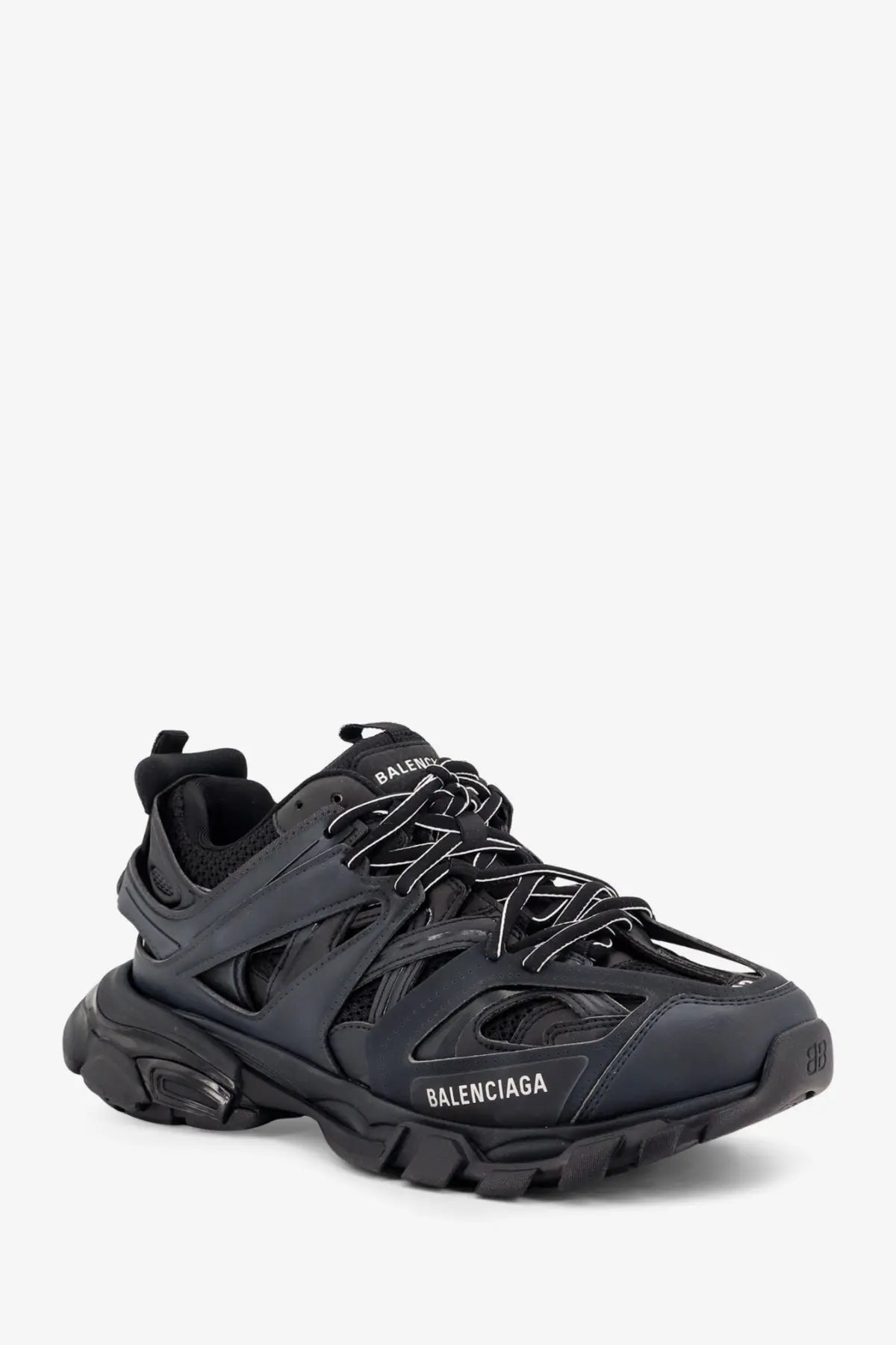 Balenciaga men’s black track sneaker with chunky textured sole and mesh and leather upper