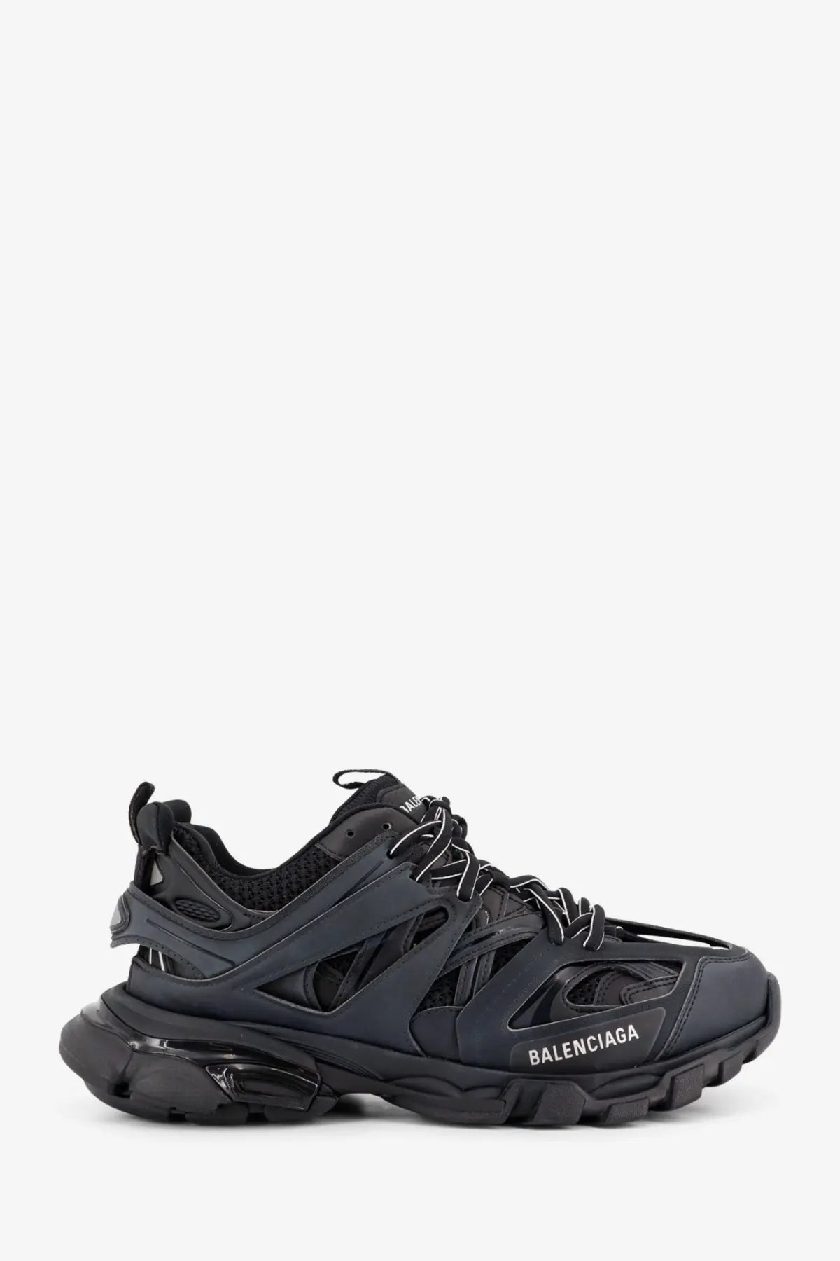 Balenciaga men’s track nylon and mesh sneaker in black with chunky layered design and translucent rubber sole