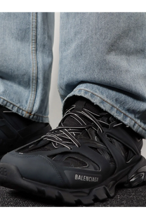Balenciaga men’s track nylon and mesh sneakers black with white laces and chunky rubber sole front view