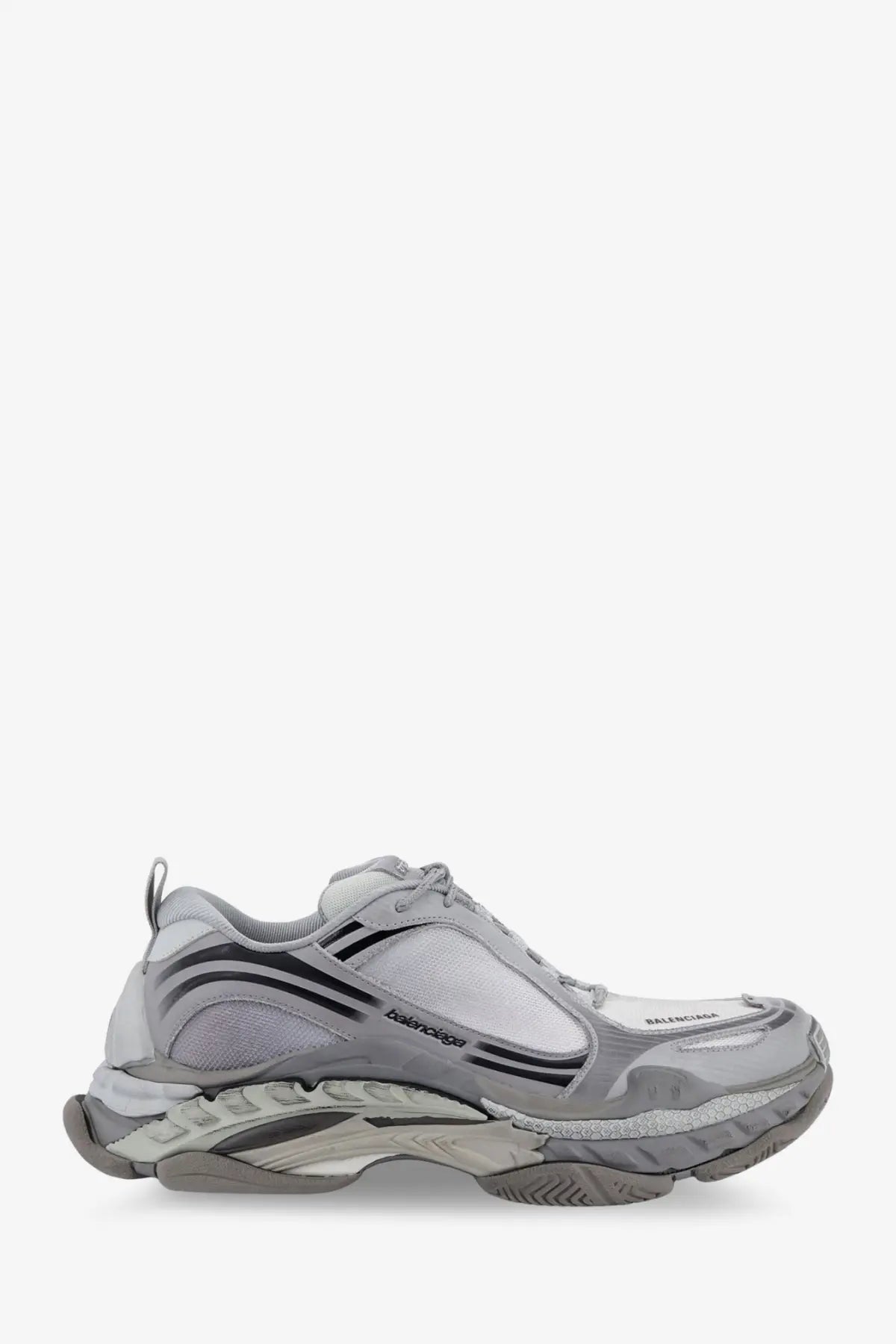 Balenciaga men’s triple s2 gradient mesh and nylon insert sneakers in metallic silver and black with layered design and mesh panels