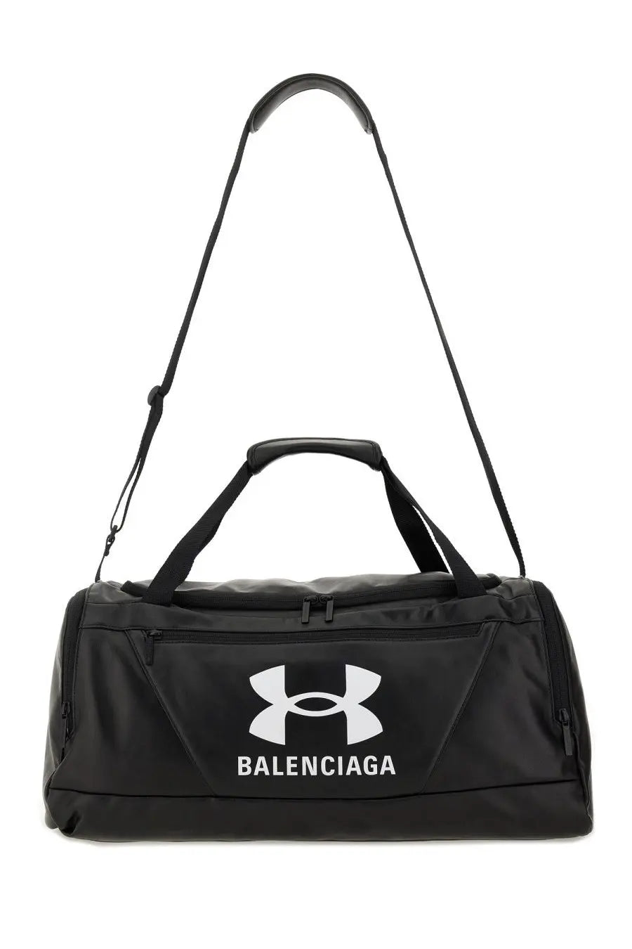 Balenciaga men’s black under armour duffel bag with white logo and dual handles for gym and travel use