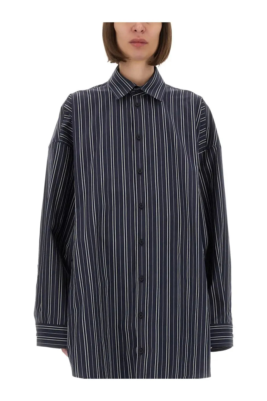 Balenciaga unisex oversize shirt in navy blue and white vertical stripes with a classic collar and button-down front