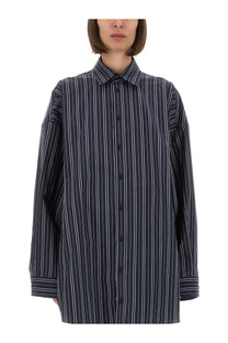 Balenciaga unisex oversize shirt in navy blue and white vertical stripes with a classic collar and button-down front