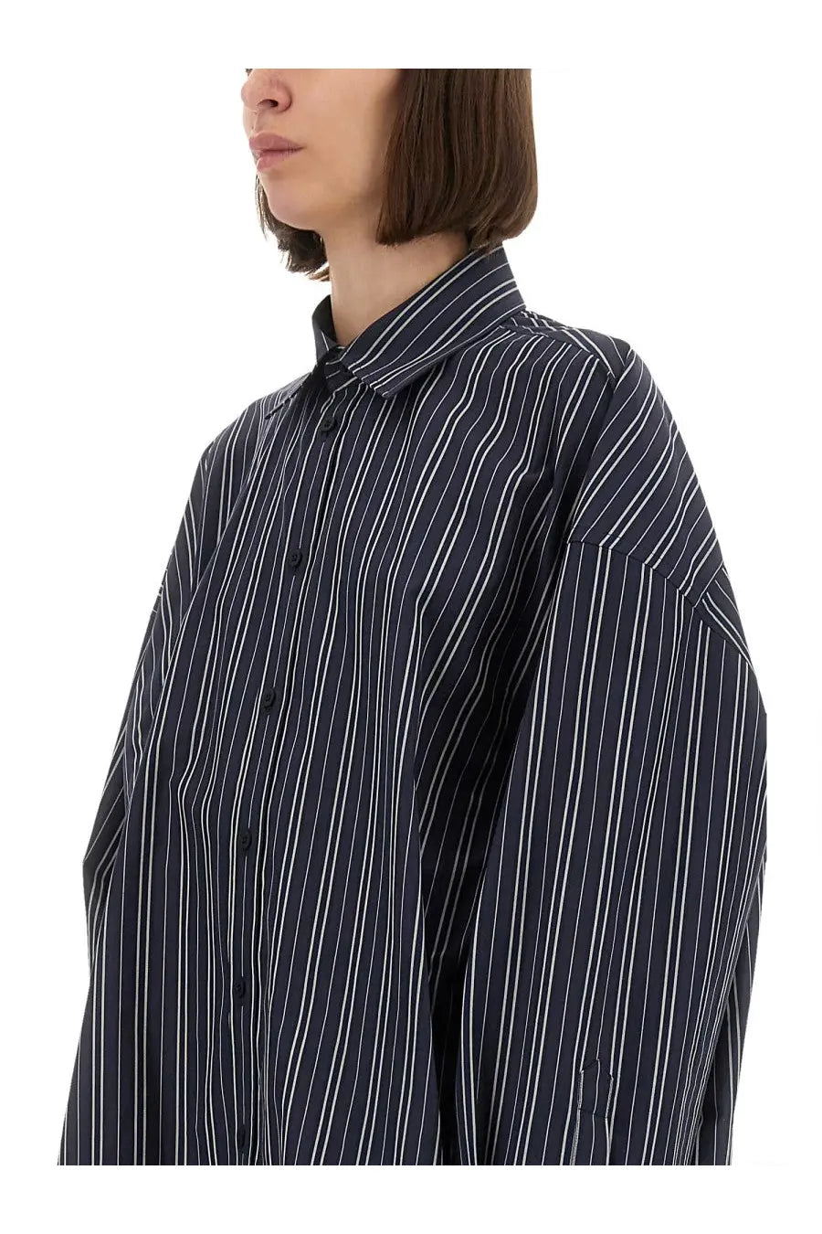 Balenciaga unisex oversize shirt in navy blue and white vertical stripes with a relaxed button-up design