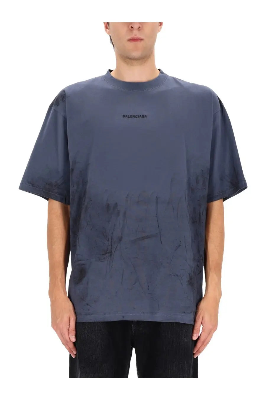 Balenciaga unisex shirt blue with dark blue tie-dye pattern and subtle logo on the chest