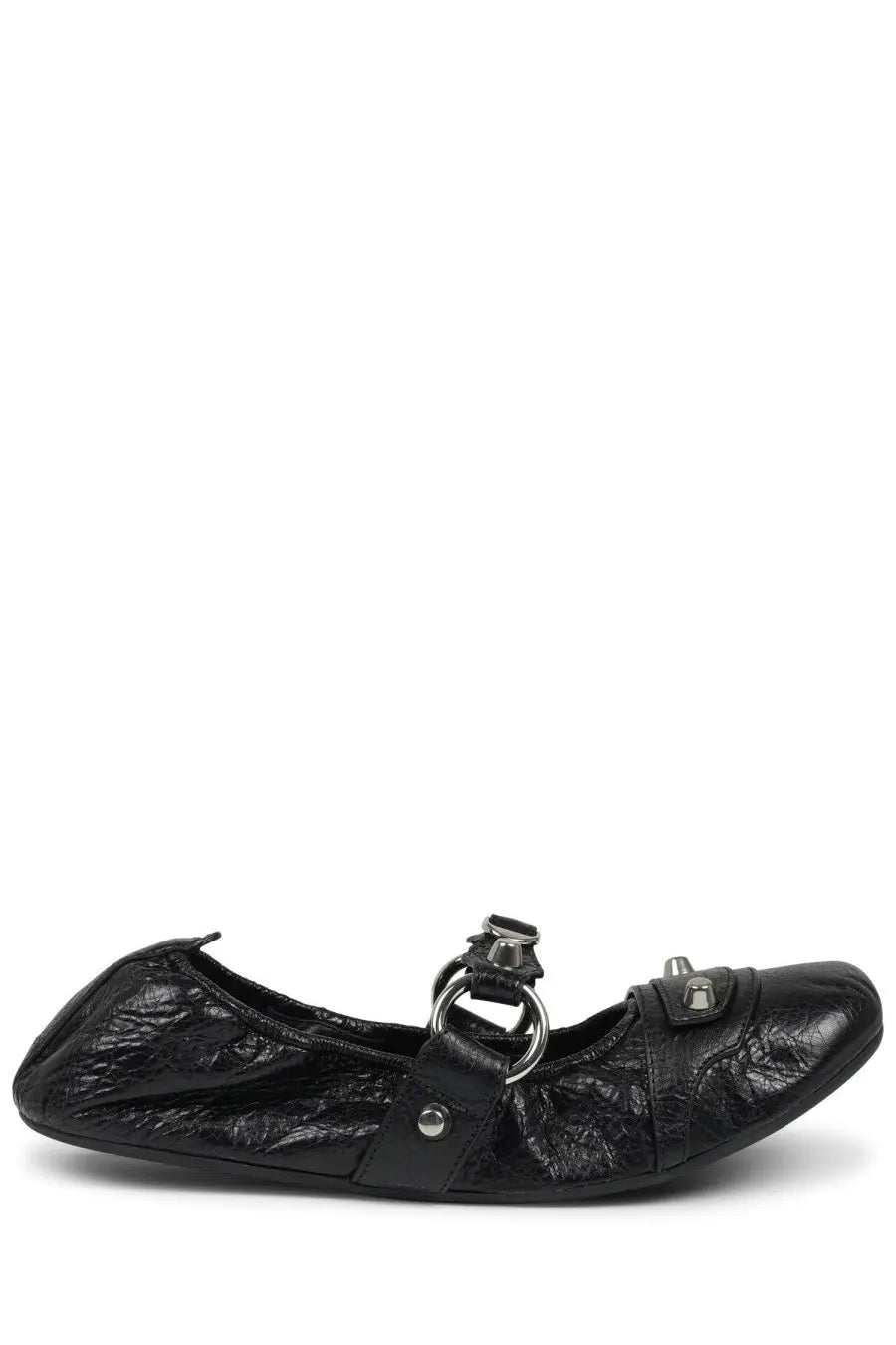 Balenciaga women’s ballerina city black crinkled leather ballet flat with silver-toned metal buckle and ring detail