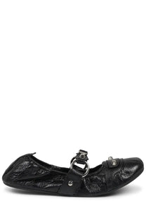 Balenciaga women’s ballerina city black crinkled leather ballet flat with silver-toned metal buckle and ring detail