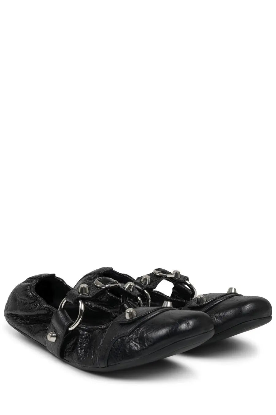 Balenciaga women’s ballerina city black leather flats with silver metal rings and stud detailing on the front side