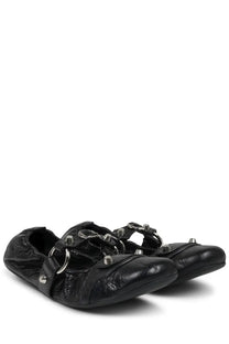 Balenciaga women’s ballerina city black leather flats with silver metal rings and stud detailing on the front side