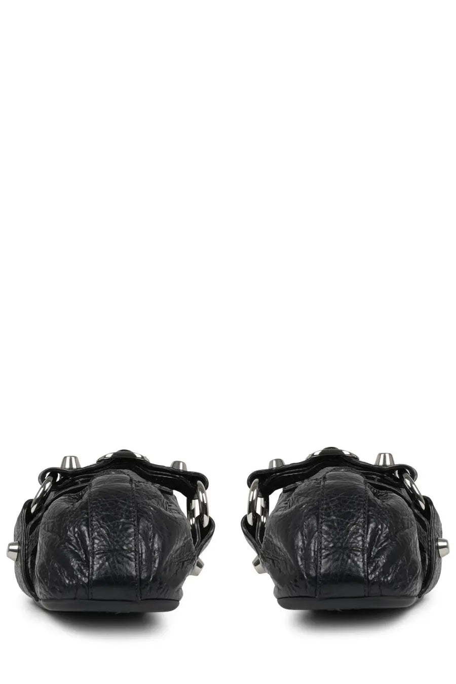 Balenciaga women’s ballerina city black leather flats with metallic silver hardware and chain details