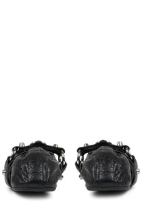 Balenciaga women’s ballerina city black leather flats with metallic silver hardware and chain details