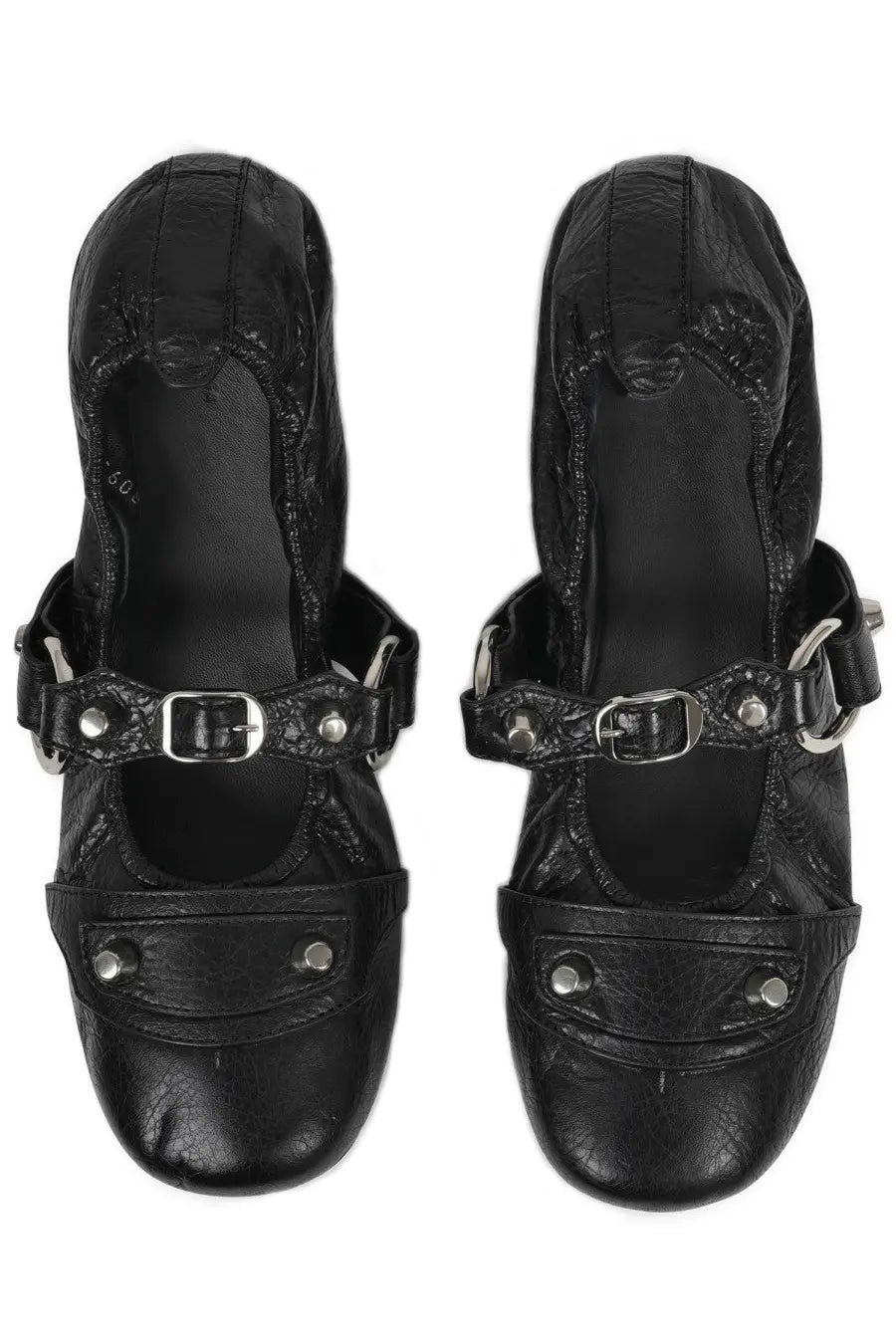 Balenciaga women’s ballerina city black leather mules with silver-toned buckles and stud detailing