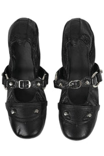 Balenciaga women’s ballerina city black leather mules with silver-toned buckles and stud detailing