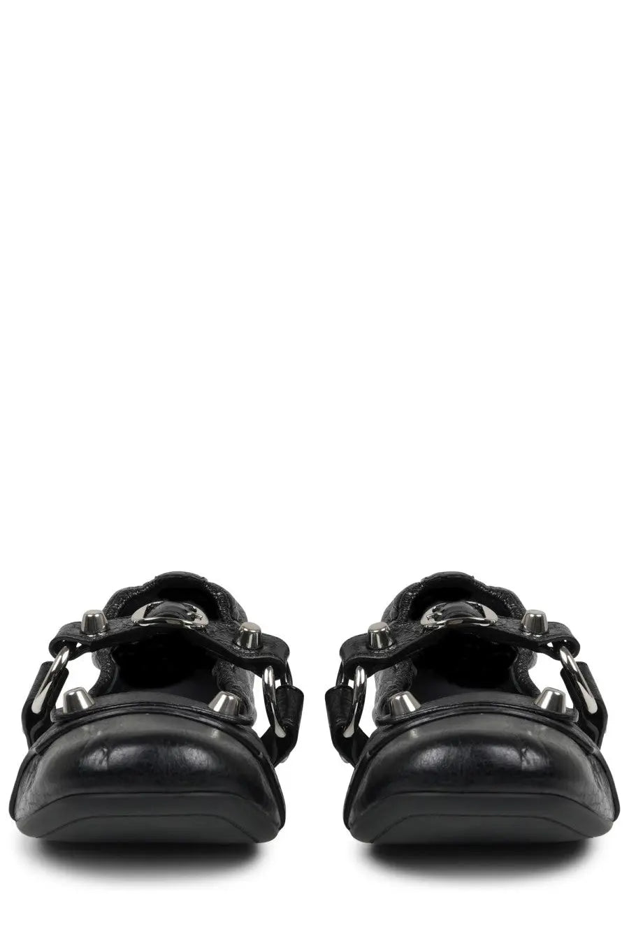 Balenciaga women’s ballerina city black leather sandals with metallic silver hardware and chunky sole front view