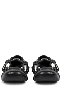 Balenciaga women’s ballerina city black leather sandals with metallic silver hardware and chunky sole front view