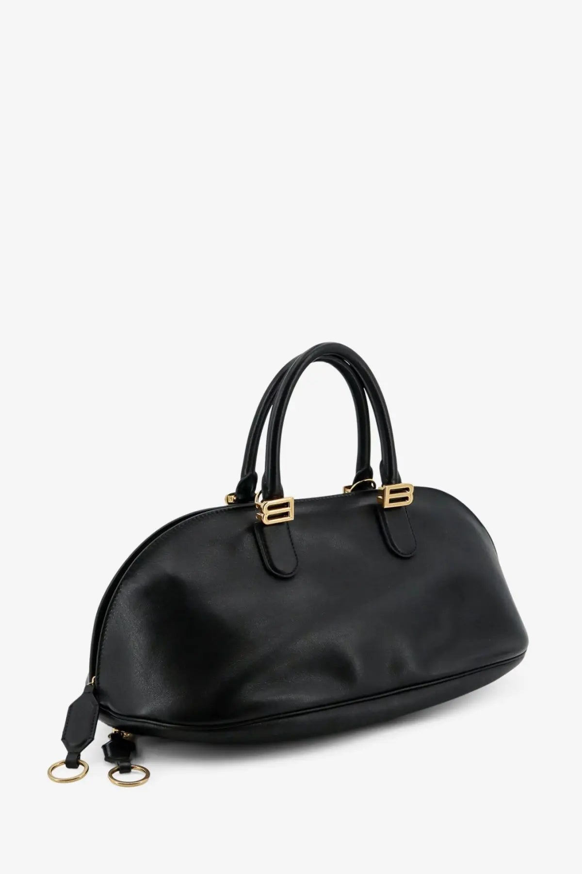 Balenciaga women’s bolero bowling medium leather bag in black with gold-tone hardware and structured dome shape