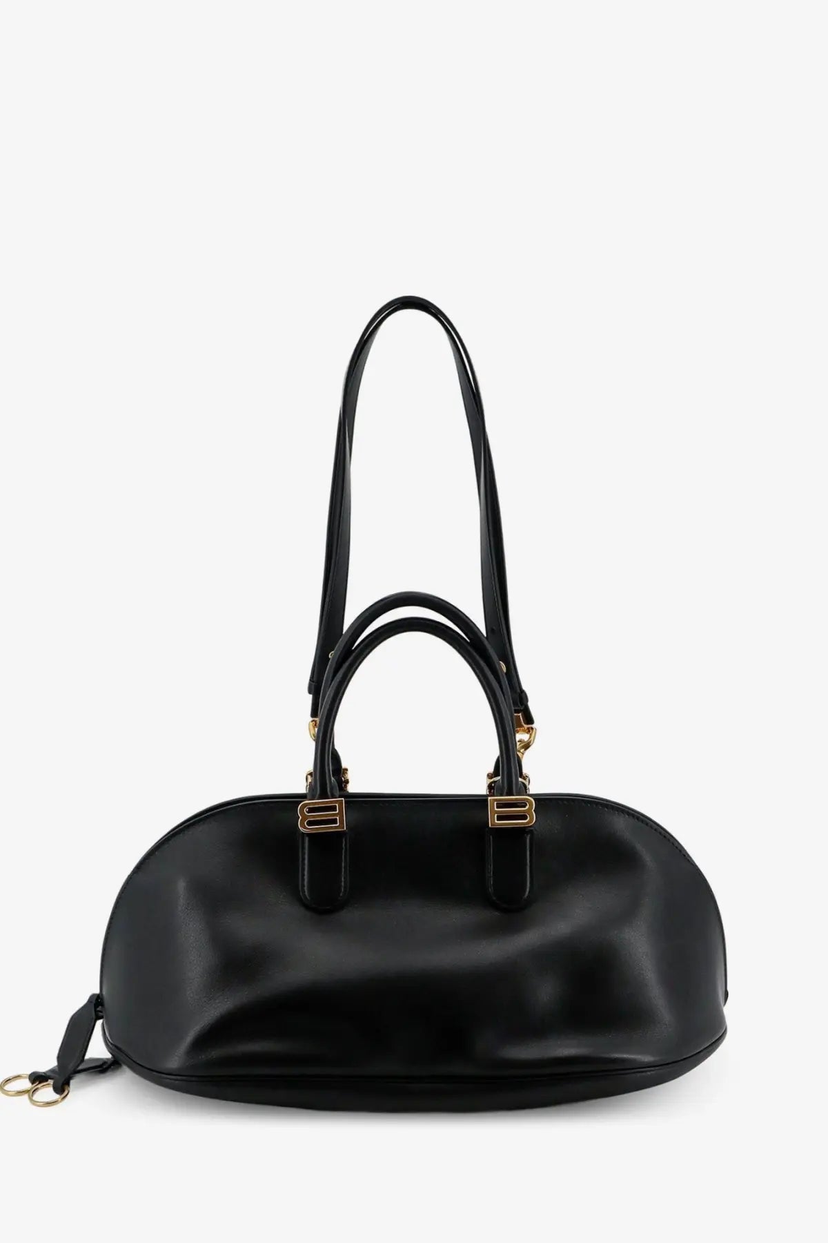 Balenciaga women’s bolero bowling medium black leather handbag with gold-tone hardware and dual top handles