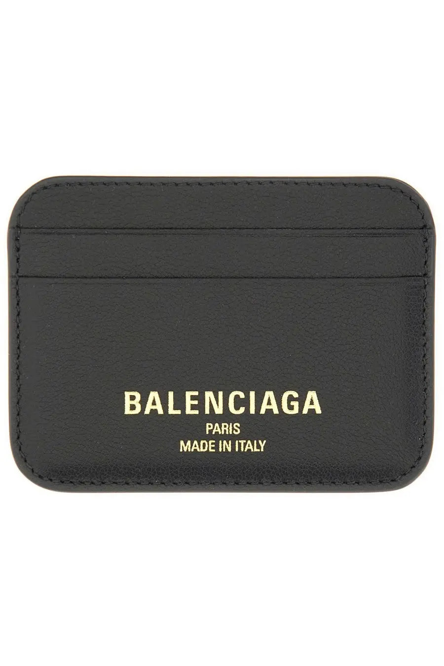 Balenciaga women’s black leather card holder with gold foil branding and compact cash storage design