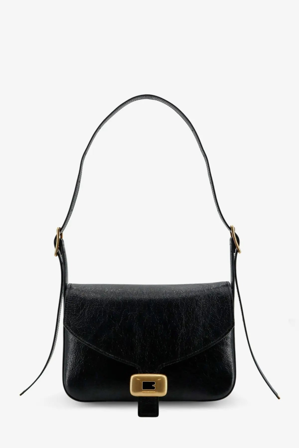 Balenciaga women’s clicca arena black leather crossbody bag with gold rectangular buckle and adjustable strap