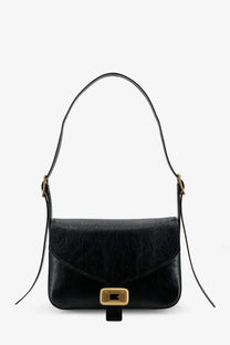 Balenciaga women’s clicca arena black leather crossbody bag with gold rectangular buckle and adjustable strap