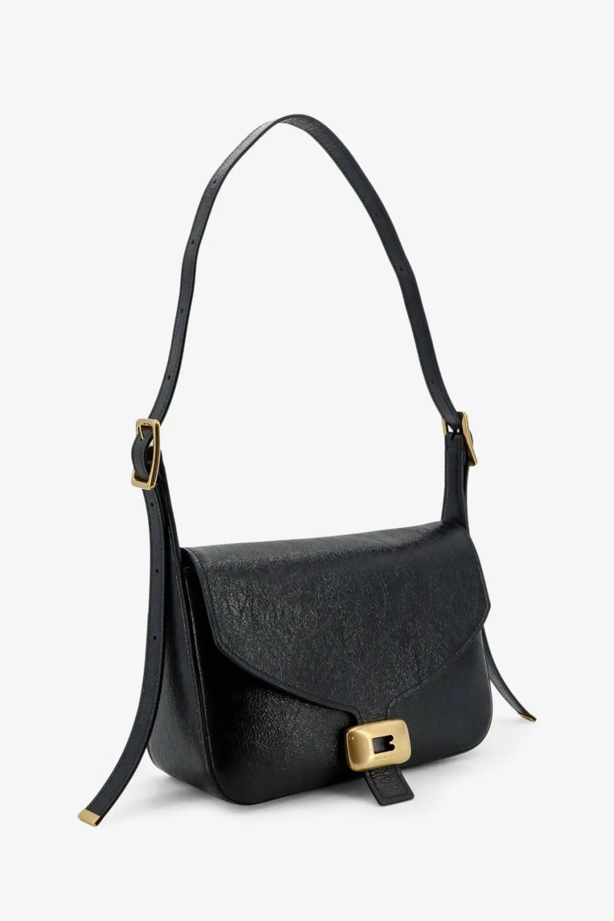 Balenciaga women’s clicca arena black leather medium shoulder bag with gold-tone hardware and flap closure