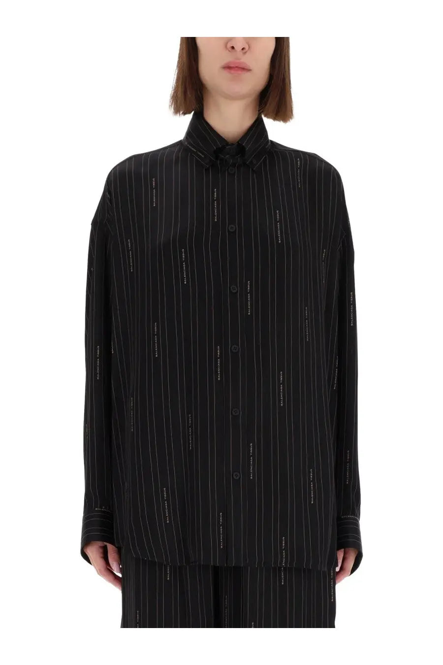 Balenciaga women’s cocoon shirt black with subtle vertical text detailing on a striped button-up fabric