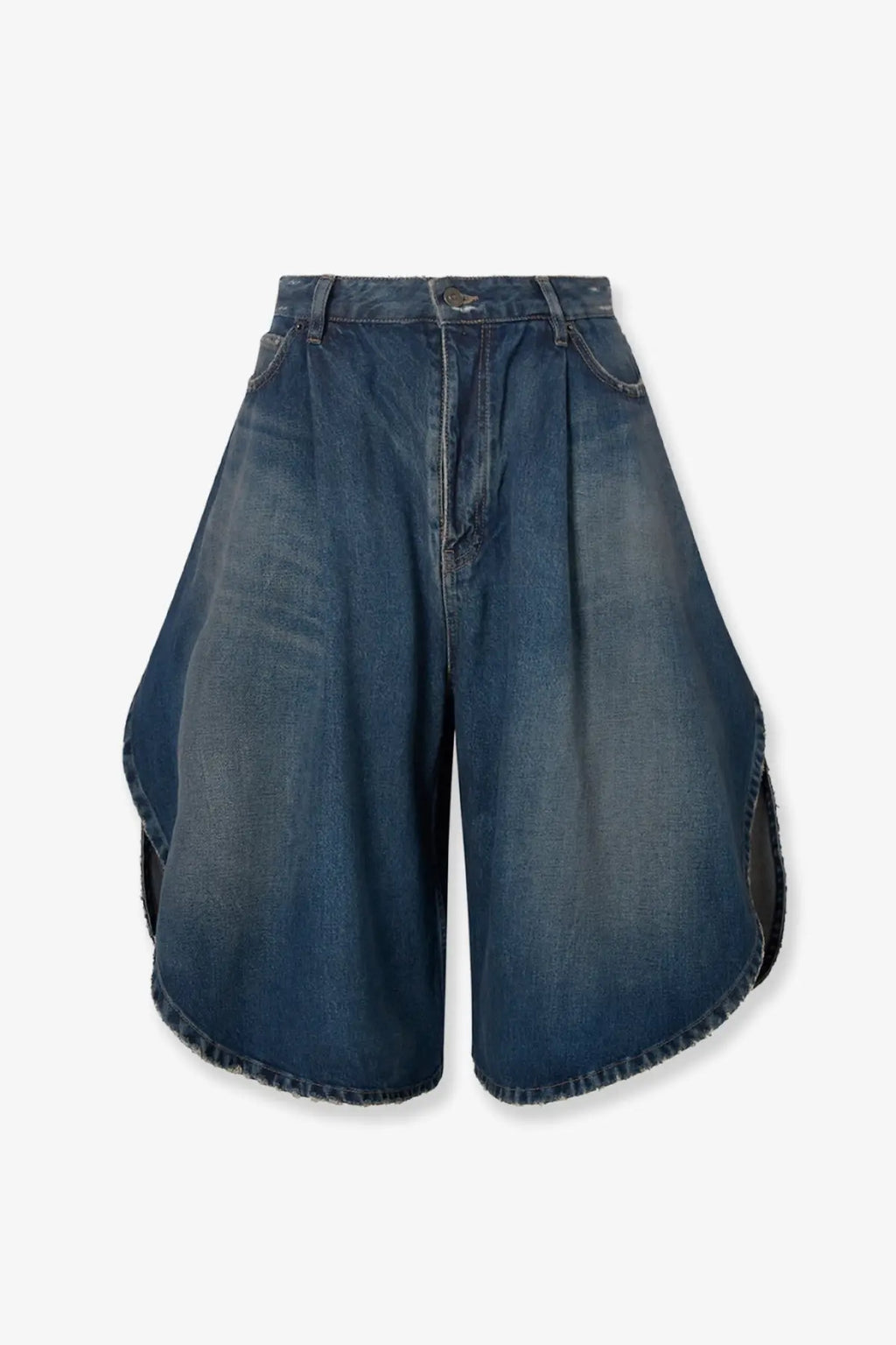 Balenciaga women’s high-waisted cotton bermuda shorts in medium blue wash with flared asymmetrical cut and raw hem