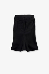 Back view of balenciaga women’s black high waisted cotton midi skirt with flared hem and two back pockets