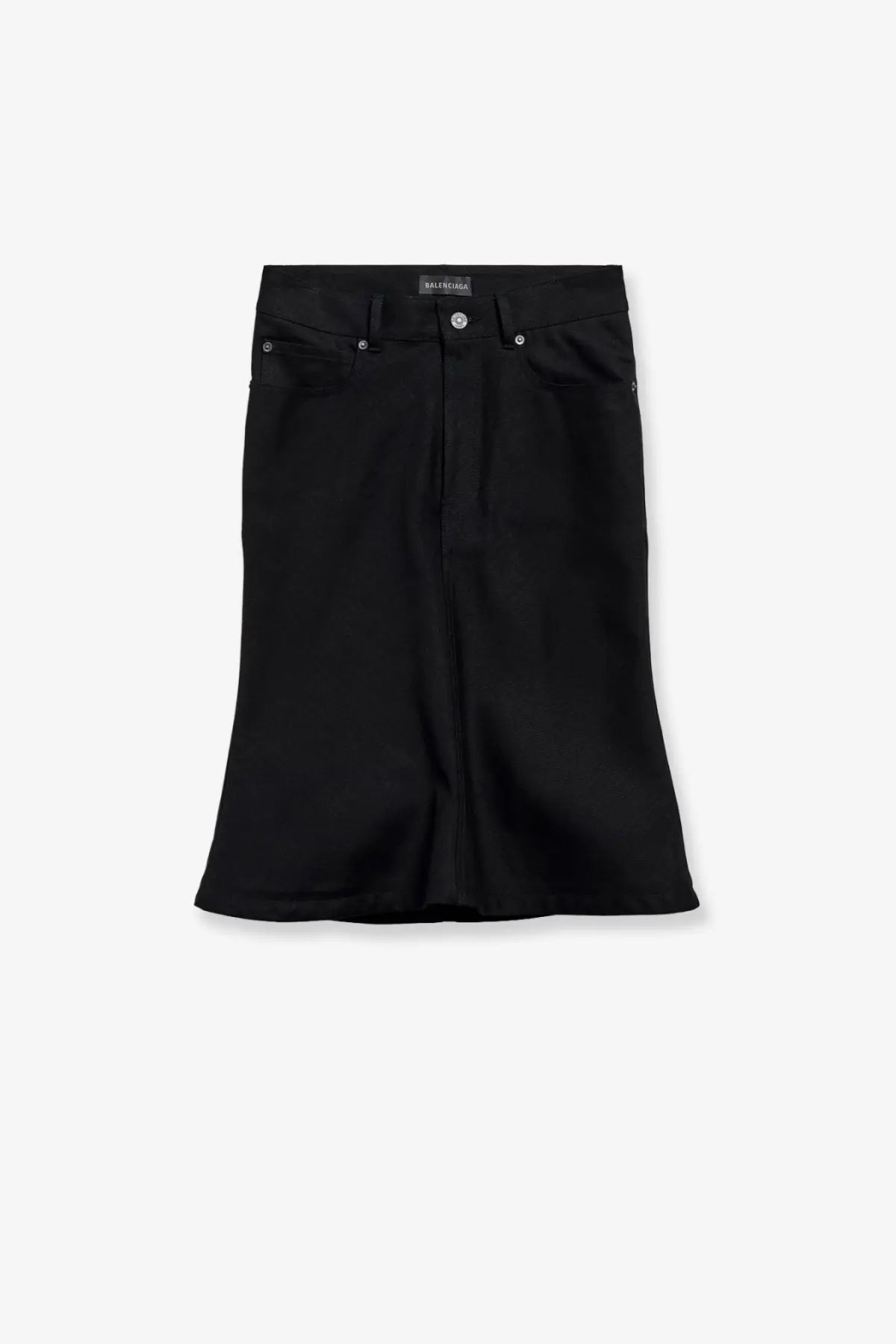 Black Balenciaga women’s cotton midi skirt featuring smooth structured fabric and classic five-pocket styling