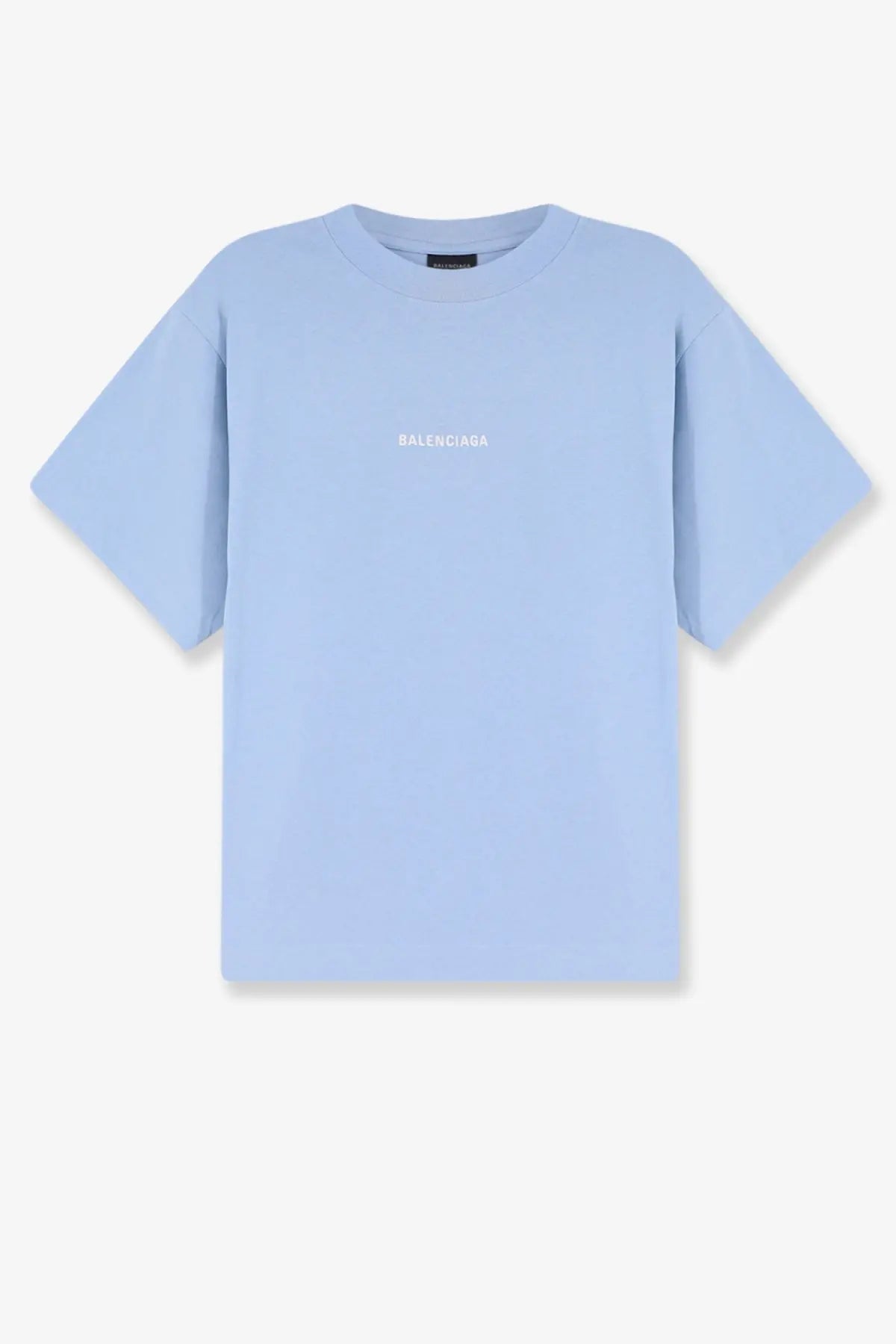 Light blue balenciaga women’s cotton t-shirt with minimalist white logo across the chest