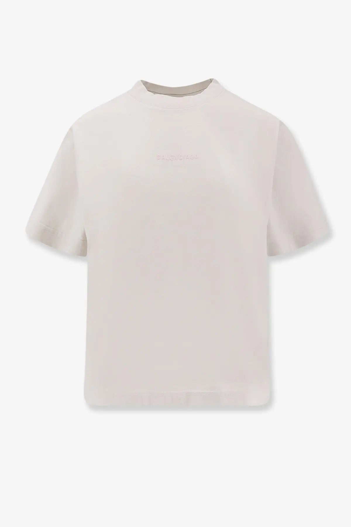 Balenciaga women’s cotton off-white short-sleeved shirt with a subtle embroidered logo across the chest