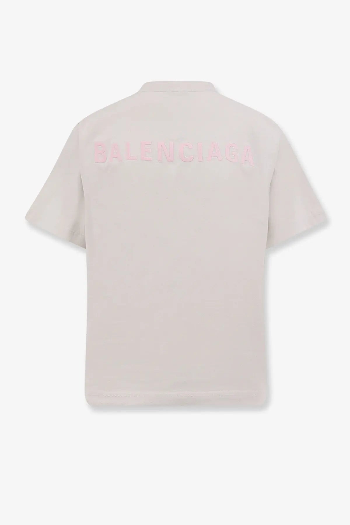 Balenciaga women’s cotton shirt white showing back with pale pink short-sleeved polo and subtle matching logo embroidery
