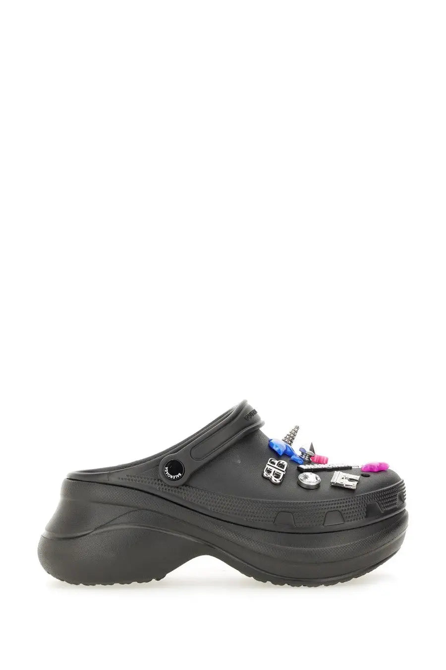 Black Balenciaga women’s Crocs Jibbitz sabot clog with platform sole and colorful metallic fabric charms