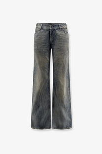 Balenciaga women’s curved waist wide-leg denim jeans in faded dark gray with subtle distressing on thighs